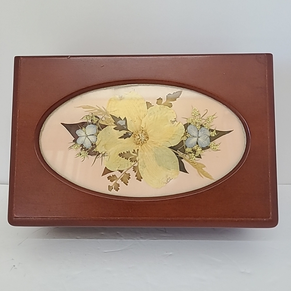 Vintage Pressed Flowers Wooden Jewelry Box 8"x5.5"x2.5"
